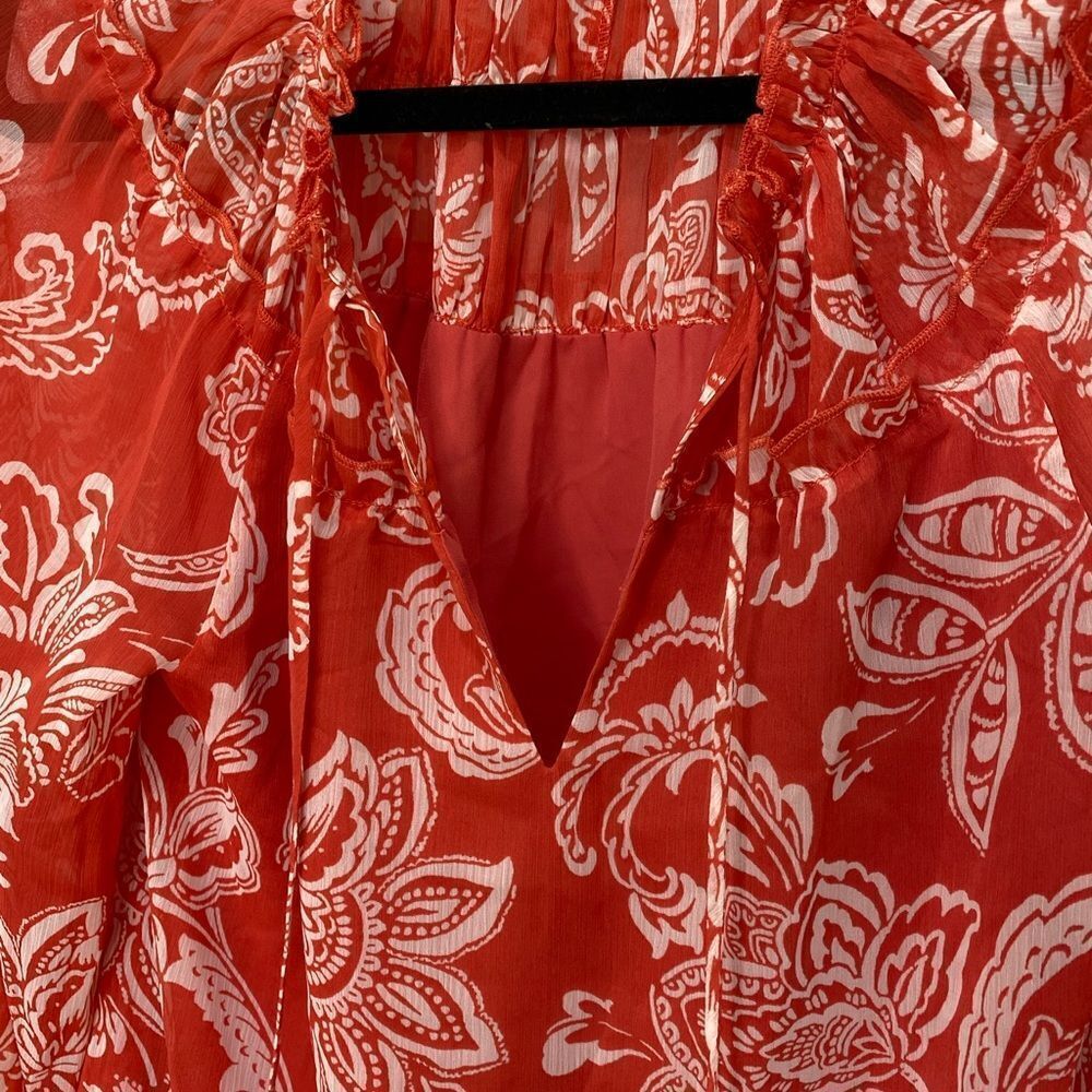 Evereve orange and white floral print long sleeve tie front top, size x small - Picture 7 of 12